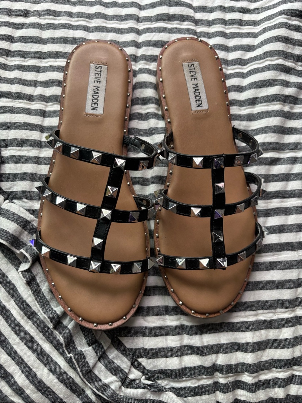 Steve Madden Black Pyramid-Stud Strappy Slide Sandals